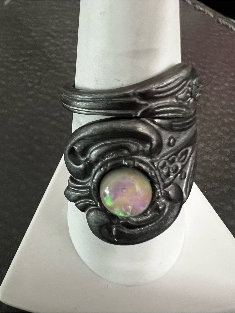 Antique-Style Black Metal Ring with Iridescent Opal Cabochon